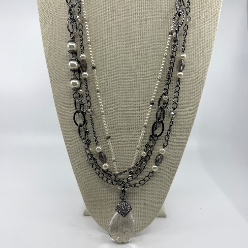 Gunmetal Multi Strand Faux Pearl Clear Teardrop Necklace Boho Gothic Statement